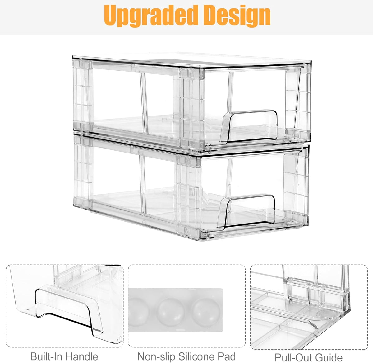 Stackable Storage Drawers with Handles, Easy Assembly Clear Acrylic Fridge Organizer, Refrigerator Organizers and Storage for Kitchen, Under Sink, Pantry, Bathroom