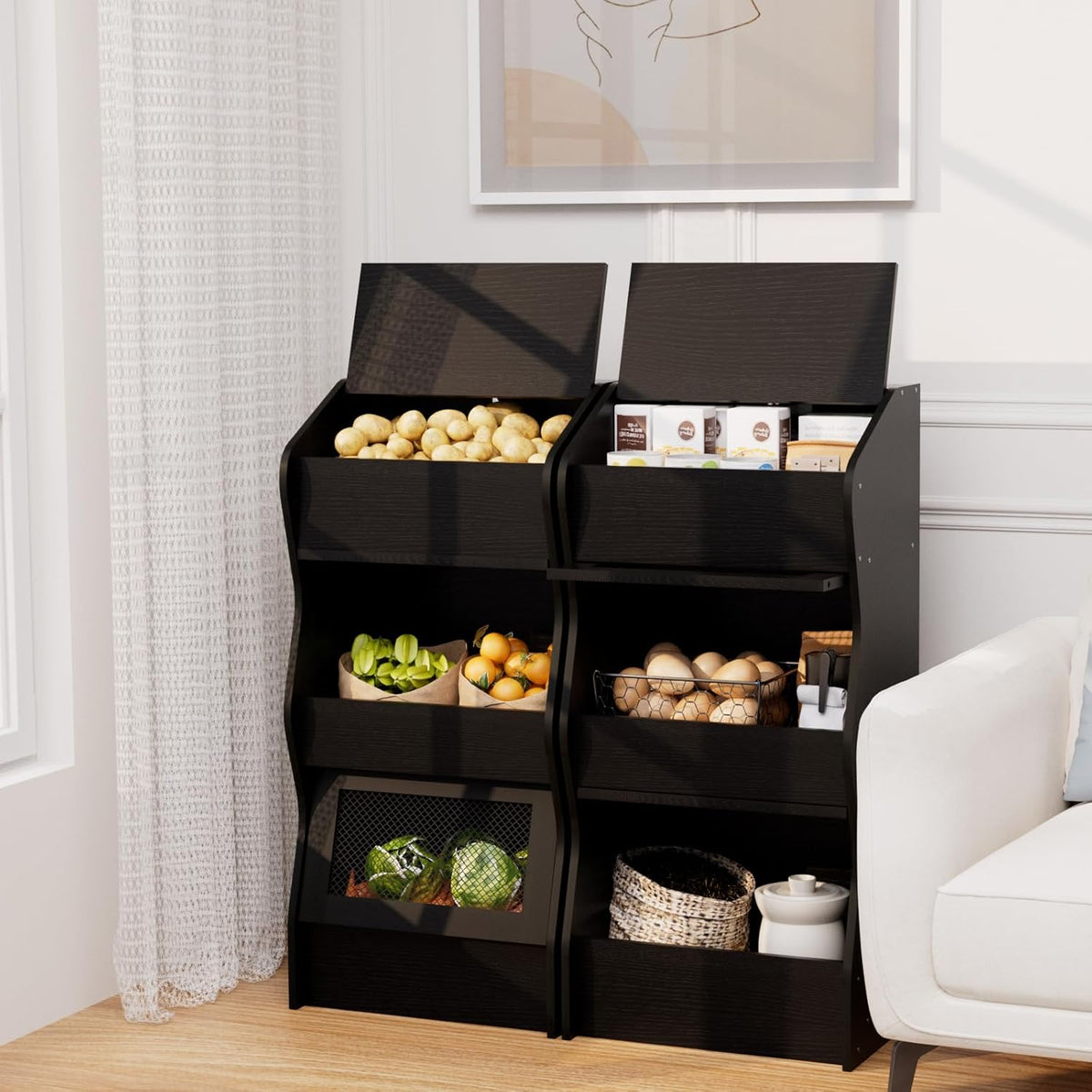 Potato and Onion Storage Bin with Lid, Root Vegetable Storage Rustic Bread Box for Kitchen Pantry, Wooden Bread Cabinet Fruit Storage Rack,Black