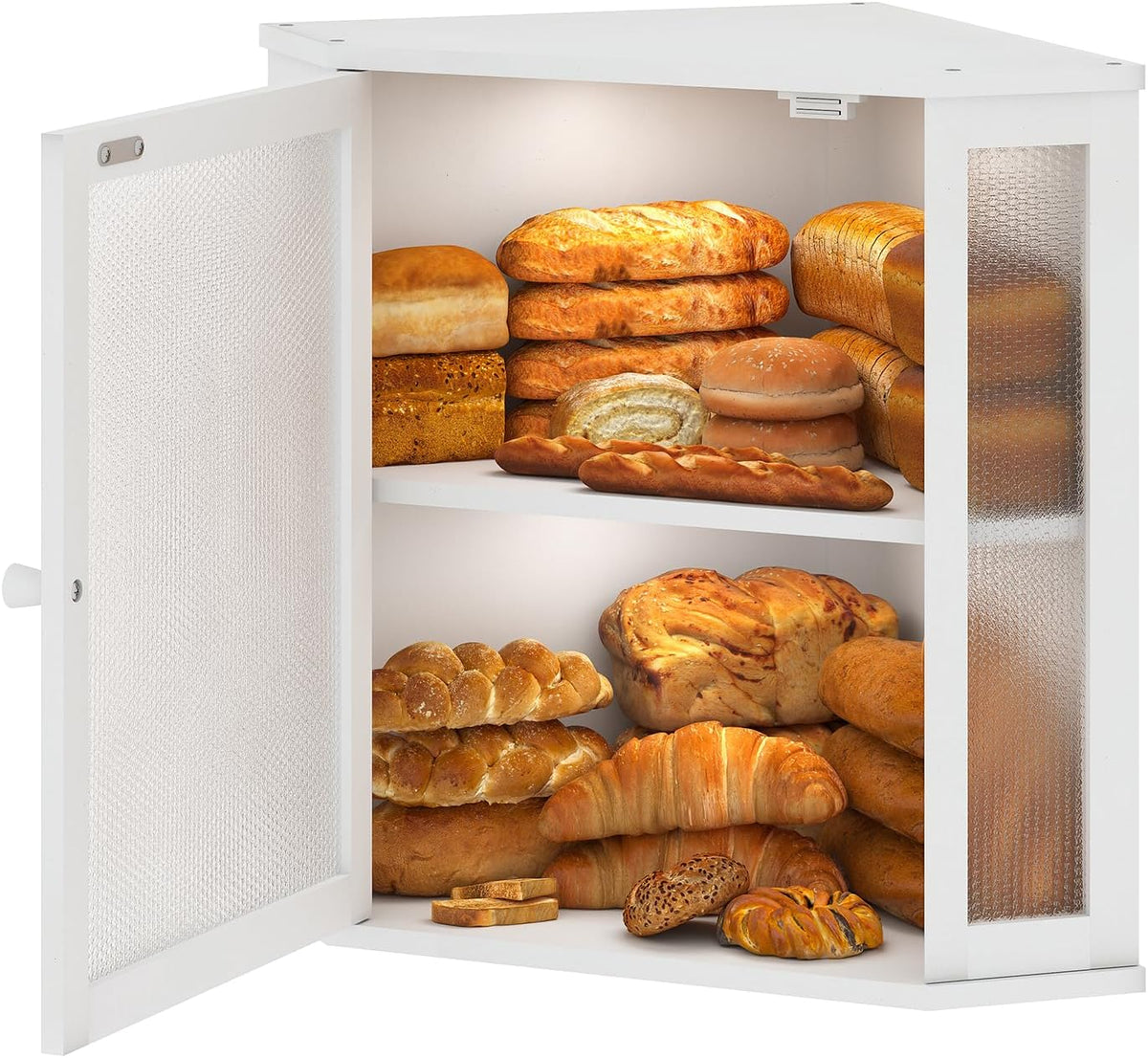 Corner Bread Box for Kitchen Countertop,Bread Storage for Homemade Bread, Double Layer Large Bamboo Kitchen Storage Bin with Window (White, Medium)