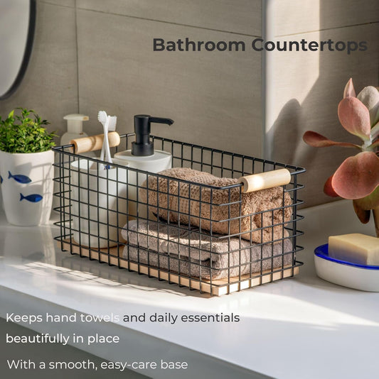 Wire Storage Baskets with Solid Wood Handles, Set of 2 – Metal Organizer Basket with MDF Base for Kitchen Countertop, Bathroom, Pantry, Entryway, Office | 12.8” x 6.25” | Black