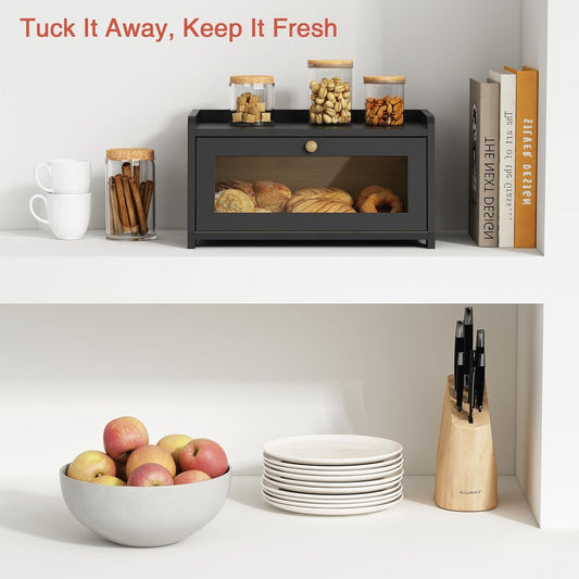 Goozii Black Bread Box for Kitchen Countertop, Small Vintage Counter Top Breadbox, Homemade Bread Storage Container for Sourdough Loaf, Farmhouse Wooden Corner Kitchen Counter Organizer for Cabinet