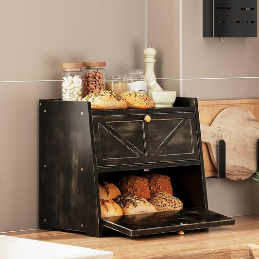 Trironsun Vintage Double Layer Bread Box for Kitchen Counter Bamboo Bread Storage Container Large Capacity Bread Storage Bin (Antique White)