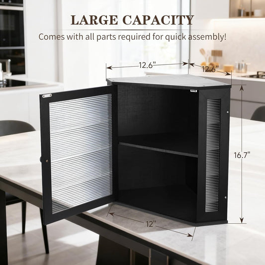 Extra Large Corner Bread Box - Bamboo Bread Box for Kitchen Countertops, Large Capacity Kitchen Bread Storage and Organizer with Corrugated Acrylic Wavy Window (Black)