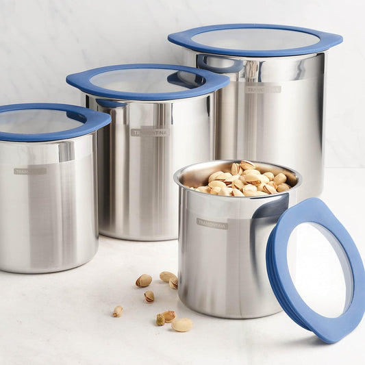 Tramontina 4-Piece Food Storage Containers with Silicone Lids, Stainless Steel Reusable Canister Set, Kitchen Pantry Organizer for Oats, Flour, Cereal, Sugar, Snacks (Blue)