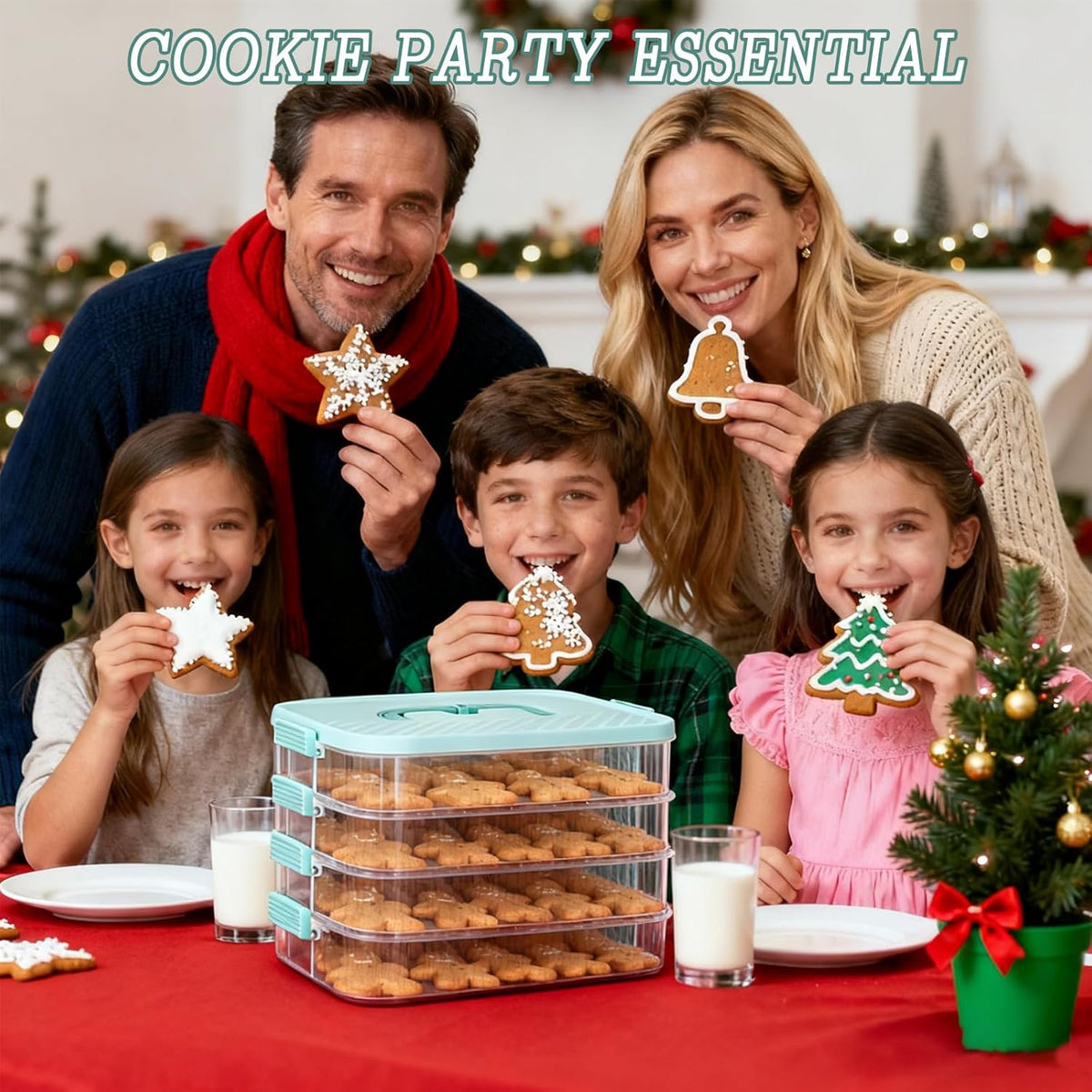 4-Layer Stackable Cookie Airtight Storage Containers with Lids, Portable Plastic Cookie Storage Case Snack Containers for Desserts, Cupcakes, Snacks, Dumplings, Fruit- Blue Lid