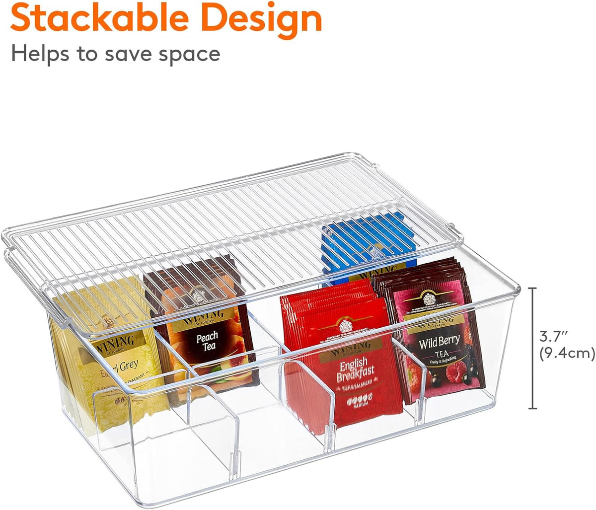 Lifewit Tea Bag Organizer with lids, Plastic Teabag Box with 16 Compartments, Stackable Divided Storage Containers for Cabinet, Pantry, Countertop, Sugar Packets, Clear, 29 cm/11.5 inch L, 2 Pack