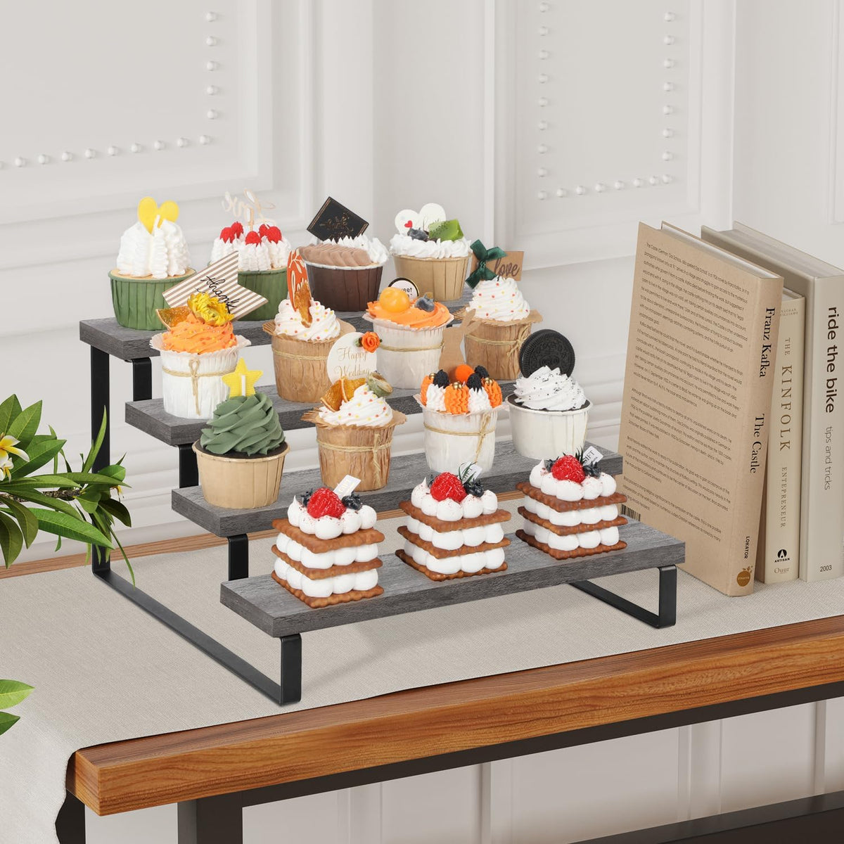 YINMIT Wooden Display Riser Stand, Tiered Perfume and Cologne Organizer Stand, 4 Tier Spice Rack Organizer, Rustic Display Shelf for Candles (4 Tier)