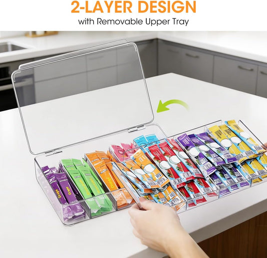 AIEVE Drink Packet Organizer, 2-Tier Tea Bag Organizer with Lid, Stackable Clear Pantry Storage Bins with Adjustable Dividers, Acrylic Water Packet Holder for Cabinet Kitchen Storage Organization