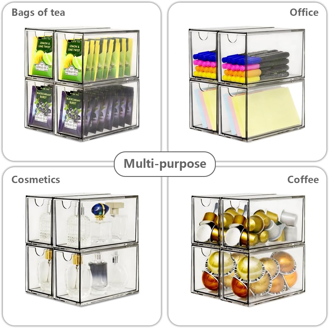 4 Pack Tea Bag Drawers Organizer, Clear Plastic Stackable Tea Organizers and Storage, Portable Tea Bag Holder 6.5" x 4" x 3" for Kitchen Pantry Organizer