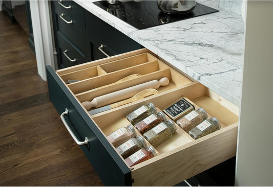 Rev-A-Shelf 36" 3 Tiered Seasoning Organizer, Trim-to-Custom-Fit Wooden Kitchen Draw and Cabinet Home Storage Insert, Pull Out Spice Rack, Maple, 4SDI-36-1