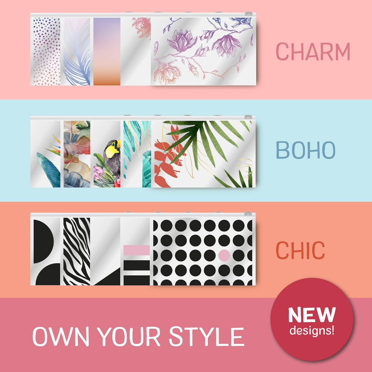 Ziploc Reusable Travel Makeup and Accessory Bag, Great for School or Work, Charm Collection, 5 Essential Style Bags
