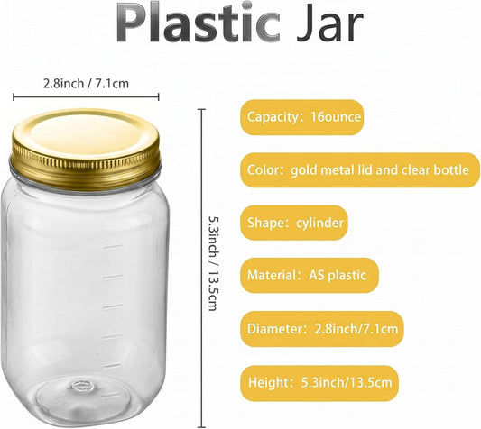 novelinks 16 oz Clear Plastic Jars with Lids, Refillable 16oz Mason Jars with Lids & Storage Containers for Kitchen & Household Use (Black)
