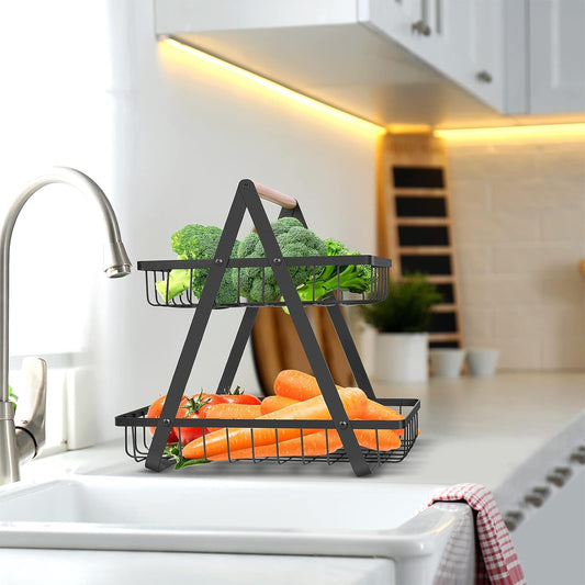 mahueeol 2 Tier Countertop Fruit Basket,Portable Fruit Bowle for Kitchen Organizer Storage & Dining Room Fruits Vegetable Bread Snacks, Detachable Metal Rectangle Basket Storage