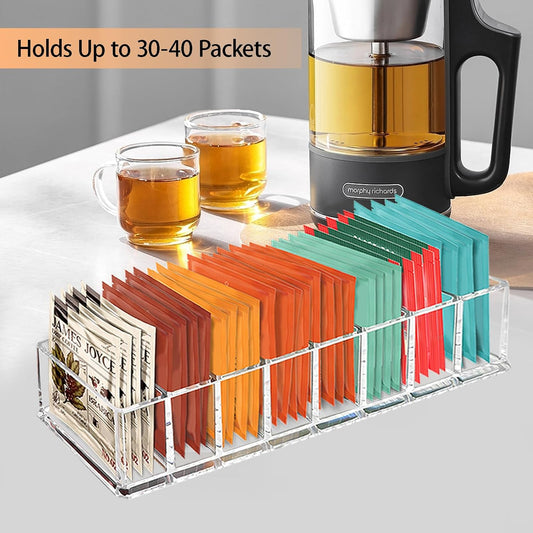 Tasybox Tea Bag Organizer, Clear Acrylic Tea Bag Holder, Tea Packet Storage for Drawer, Pantry, Kitchen, Cabinet, Countertop