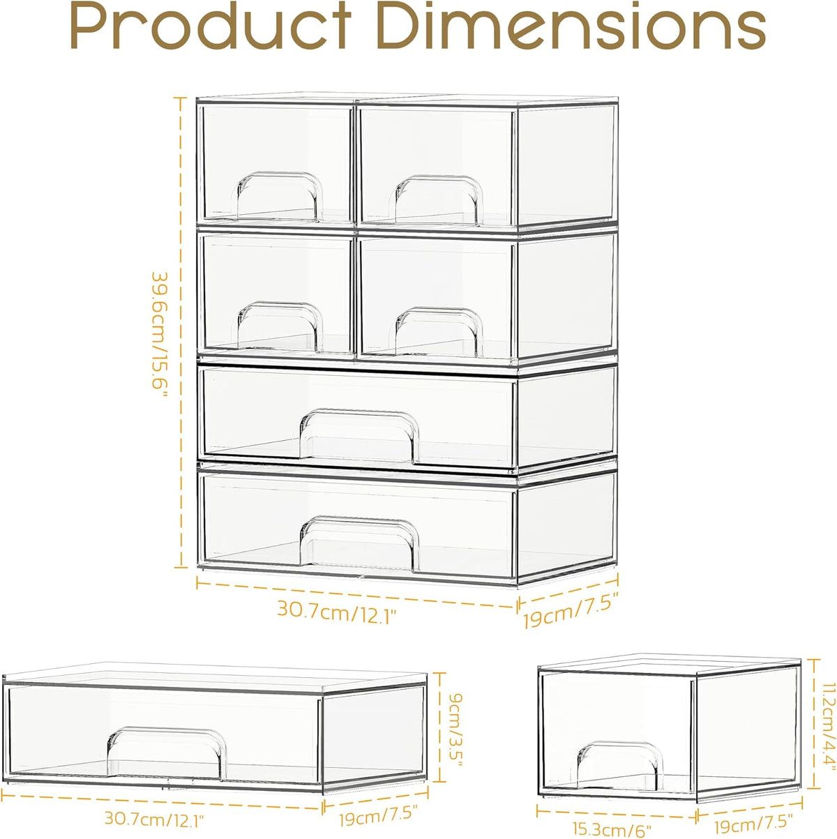 Criusia Stackable Storage Drawers, Clear Acrylic Makeup & Bathroom Organizer, Versatile Storage Bins for Vanity, Under Sink, Kitchen Cabinets & Pantry