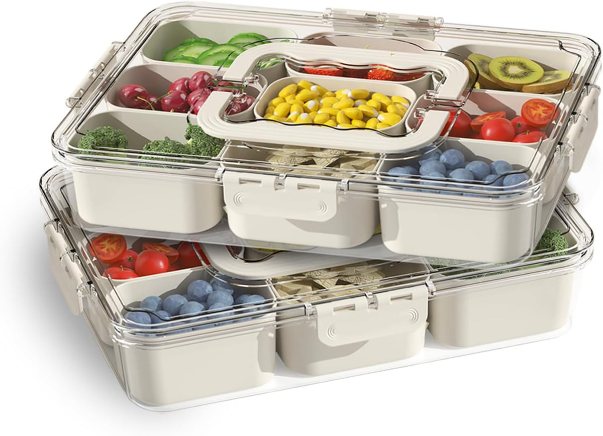 Snackle Box Container, Portable 9 Compartments Divided Serving Tray with Lid and Handle, Clear Snack Box, Stackable Snack Platters Organizer for Fruits, Candies, Vegetables, Nuts-1 Pack