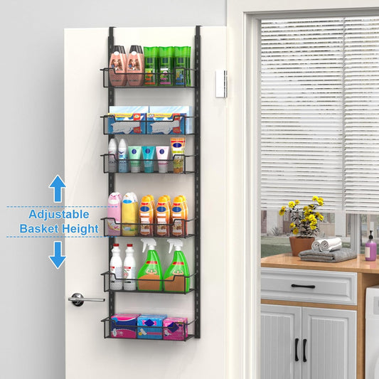 VyGrow 12.3" W Narrow Over the Door Pantry Organizer, 6-Tier Over the Door Organizer with Adjustable Basket, Pantry Door Organization for Pantry Kitchen Storage Room Spice Rack, White