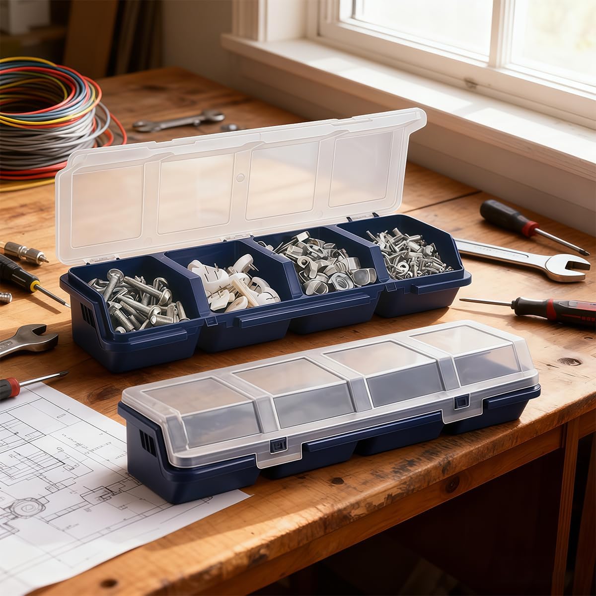 4 Pack Parts Organizer Box, 4 Compartment Hardware Storage Bin with Translucent Lid & Secure Lock, Heavy Duty PP Plastic Screw Bolt Nut Container, Stackable for Garage Workshop Workbench, Blue