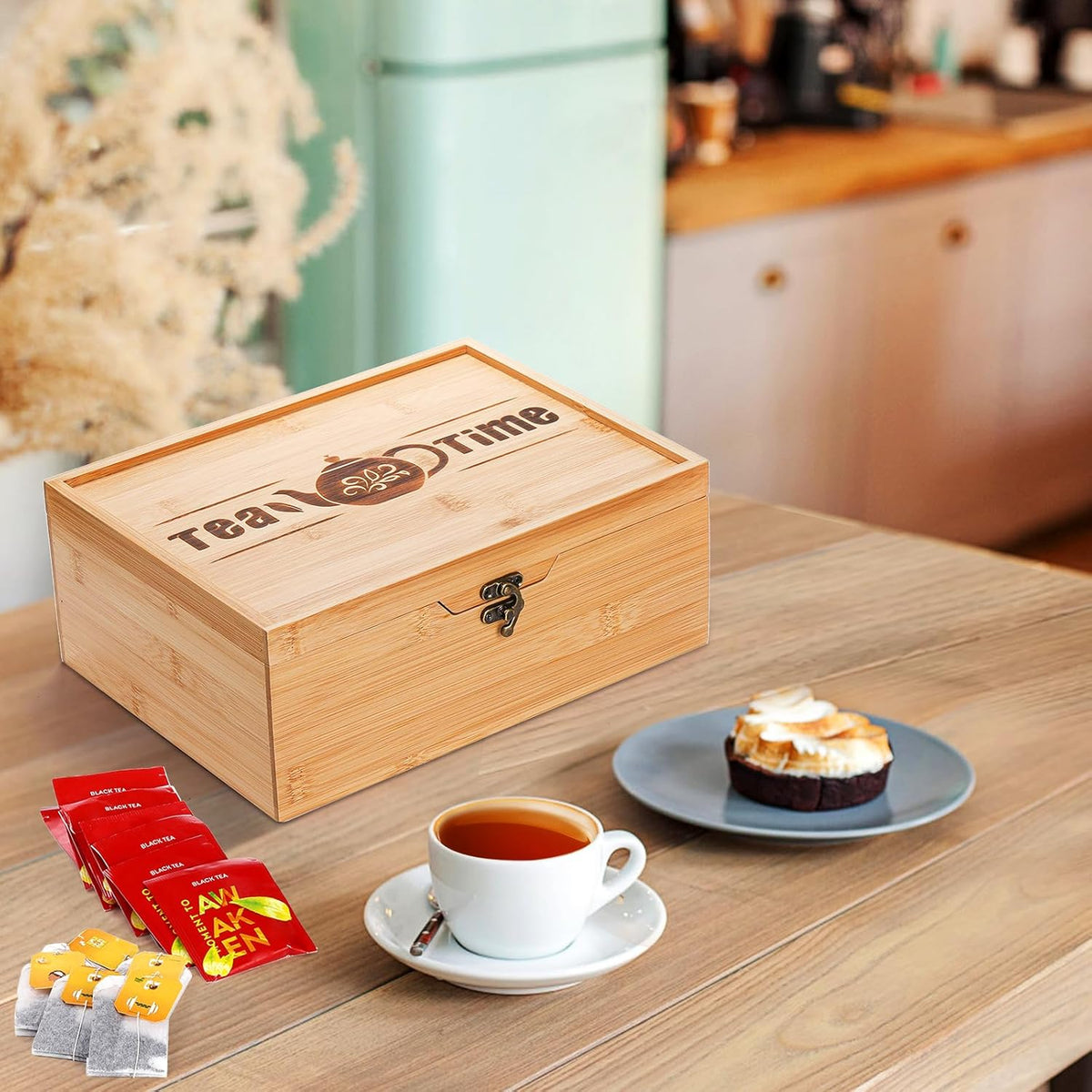 Lyellfe Tea Organizer Box, Bamboo Tea Bag Holder with Lid, Multi-purpose 6-Compartment Coffee Condiment Holder Storage Caddy for Home, Office, Café