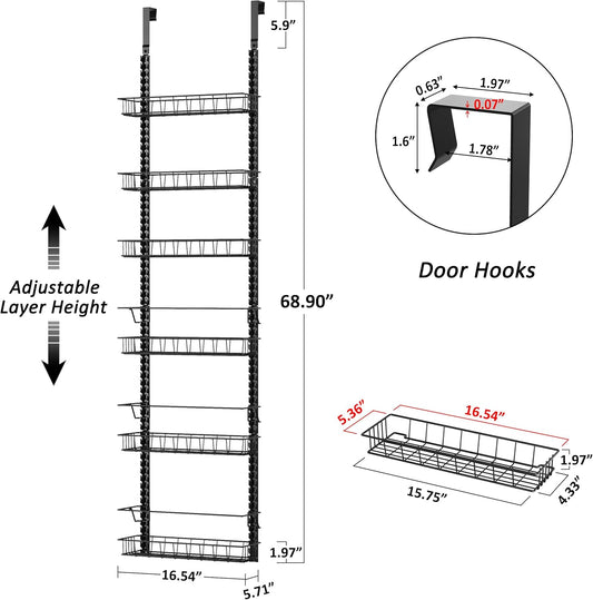 Churboro Over the Door Pantry Organizer Rack with 9 Adjustable Baskets, 9 Tiers Dual-use Hanging or Wall Mount Spice Rack Organizer, Black