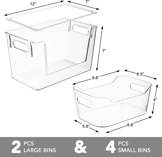 Tiawudi Set of 6 Clear Plastic Storage Bins, 2 Large Stackable Oraganizer with Open Front & Lid, 4 Small Storage Container for Pantry Organization, Multi-Use Organizer Bins for Home, Kitchen, Cabinet