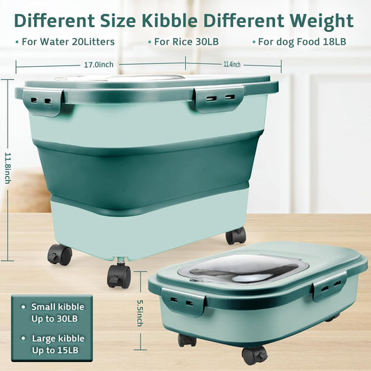 Komzon Rice Storage Containers, Collapsible 20 to 30Lbs Food Storage Bin Dispenser with Rolling Wheel and Clear Airtight Lid, BPA Free Flour, Sugar, Cereal and Dog Cat Pet food Containers