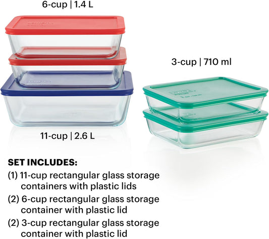 Pyrex Simply Store Mixed Sized Glass Food Storage Set, Round & Rectangular Containers With Plastic Lids, BPA-Free, Dishwasher & Microwave Safe
