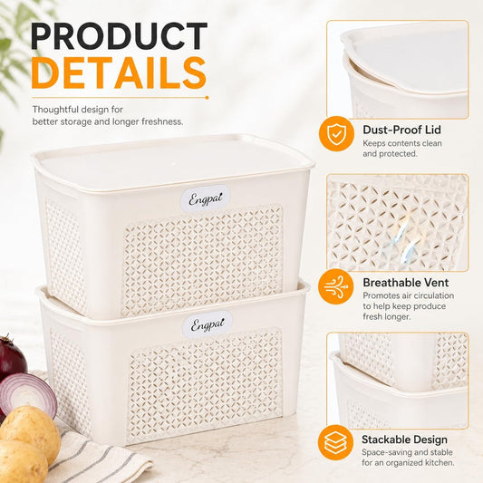 Onion and Potato Storage Bins,Stackable Plastic Vegetable Storage Baskets with Lid,Potato and Onion Storage Bin for Pantry,White Kitchen Storages Organization for Produce,Fruit,Bread,Snack Box