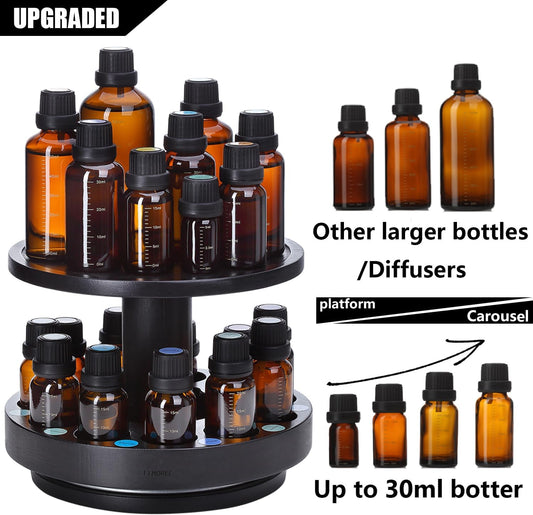 TJ.MOREE Essential Oil Storage Diffuser Holder Bamboo Carousel Essential Oil Organizer 2 Tier for 5ml, 10ml, 15ml, 20ml, 30ml Essential Oils Bottles