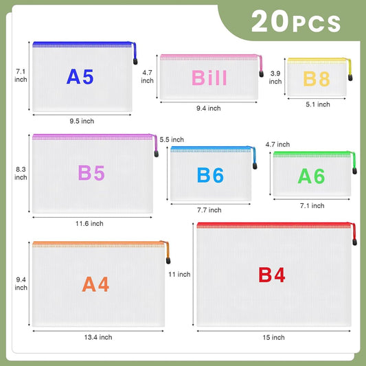 Smarpau 20pcs Mesh Zipper Pouch Bags,8 Sizes Plastic Zipper Pencil Pouches for Organizing,8 Colors Waterproof Pencil Bags for Office School Supplies,Travel Storage,Pencil Case,Home Organization