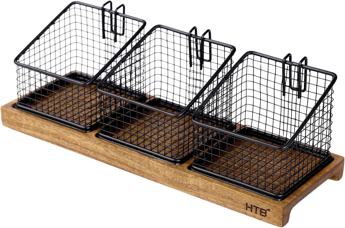 HTB 2 Tier Tea Organizer for Tea Bags, Tea Bag Holder with Acacia Wood Stand and 6 Removable Metal Basket for Sugar Packets, Sweeteners, Creamers for Cabinet, Countertop or Wall-mounted