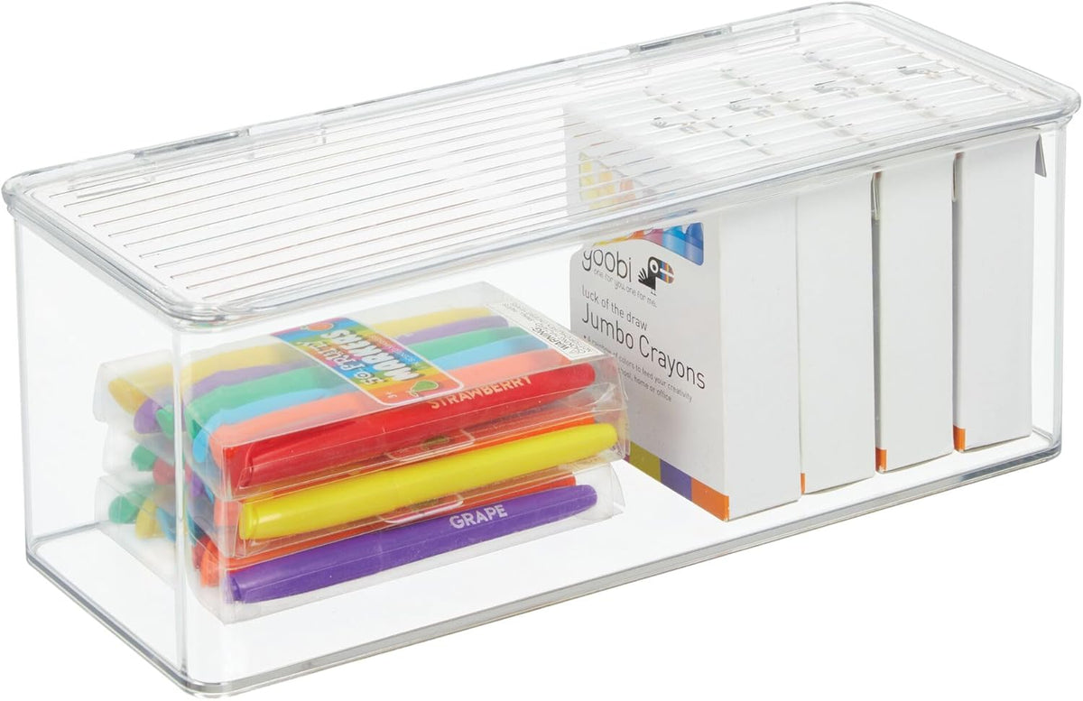 iDesign Plastic Stackable Hinged-Lid Storage Box for Kitchen, Bathroom, or Office - Clear