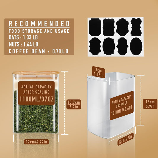 D2scrma 37oz Rectangle Airtight Glass Storage Containers with Bamboo Lids (Set of 6), Square Food Storage Jar, Pantry Organizers for Cereal, Nuts, Snacks and Coffee beans (with Black Lable)