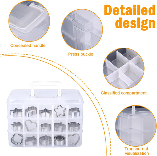 3 Tier Cookie Cutter Tool Storage Box,Cake Decorating Supplies Accessories Bins,Baking Storage Containers,Transparent Dustproof Lid,biscuits Cutter Organizer Storage & 8 Adjustable Compartment