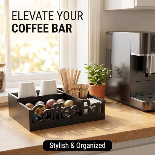 Coffee Bar Organizer for Countertop – Wooden Coffee Caddy with Compartments for Pods, Sugar Packets, and Accessories – Coffee Condiment Station Storage for Home and Office (Black)