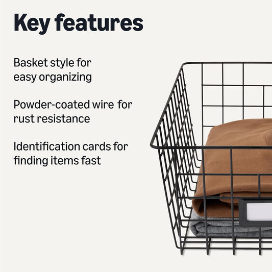 Amazon Basics Wire Storage Baskets for Organizing, Powder-Coated, Rust Resistant with Identification Cards, Black, Pack of 6