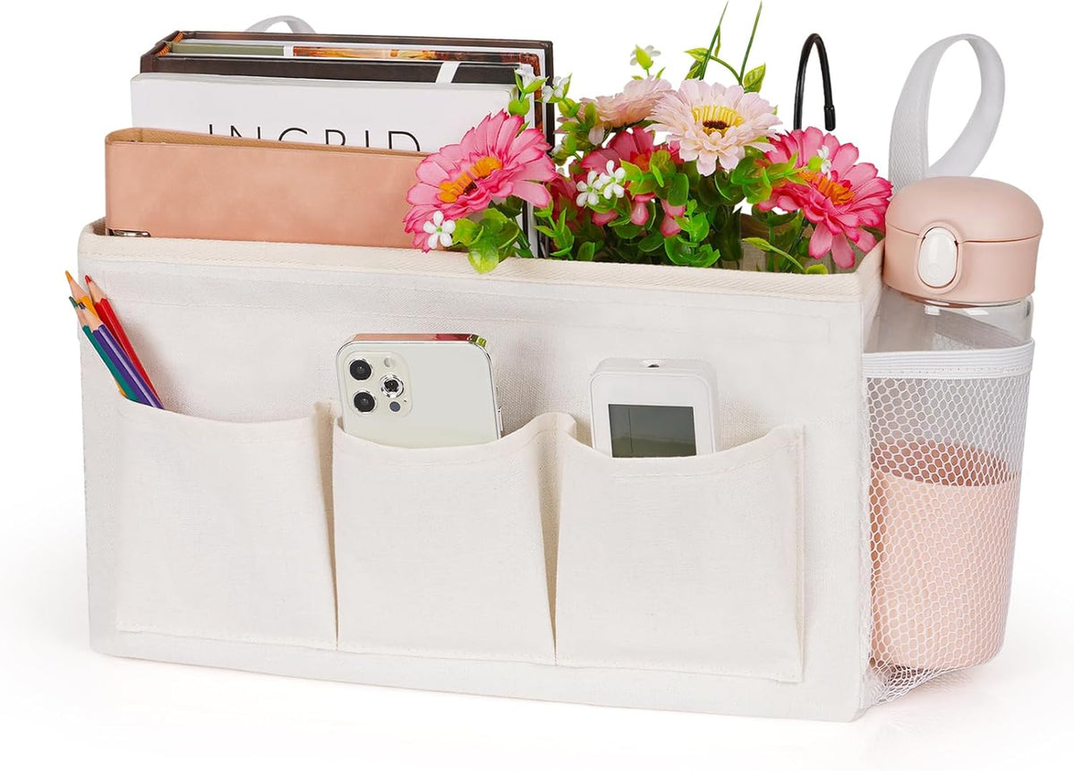 Lilithye Bedside Caddy Storage Organizer with Fixed Straps and Water Bottle Holder for Home, College, Dorm, Bunk/Hospital/Crib Bed Rails, White