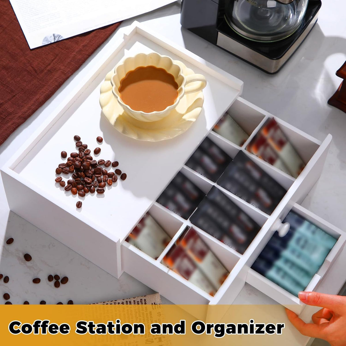 Cinnvoice Tea Bag Organizer Wood Tea Organizer Storage Box 8 Compartments Container Holder with Lid to Storage and Keep Fresh(Black)
