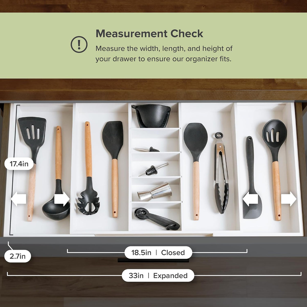 KitchenEdge Adjustable Bamboo Kitchen Drawer Organizer for Utensils and Junk, Expandable to 28 inches Wide, 9 Compartments