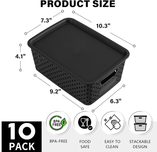 10 Pack Small Plastic Storage Bins with Lids, Stackable Plastic Storage Baskets for Organizing with Handles, Organizer Bins with Labels for Room, Craft, Containers for Pantry Organizers and Storage
