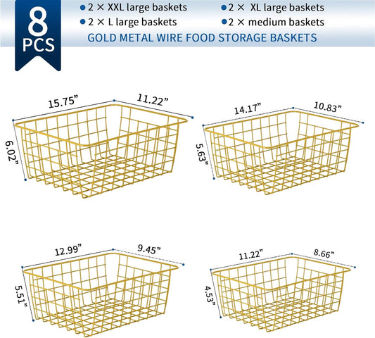 Leinuosen 8 Pcs Gold Wire Basket Set Metal Gold Storage Baskets for Pantry Wire Storage Bins with Handles Assorted Sizes Organizing Basket for Kitchen Living Room Bathroom Laundry Table Countertop