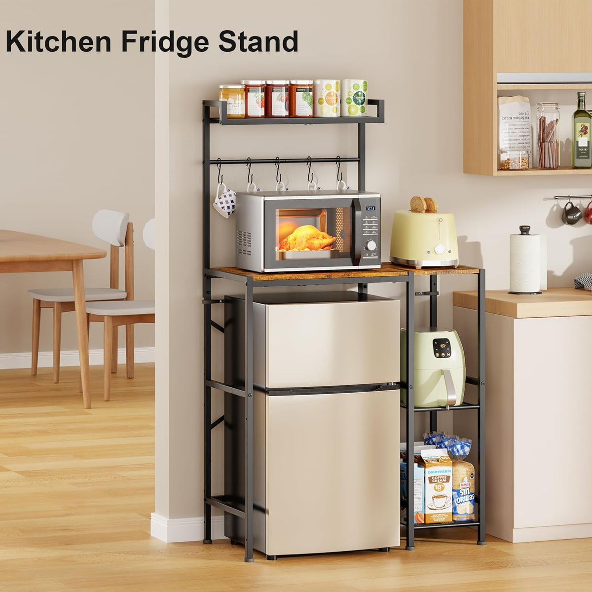 Yuyetuyo Mini Fridge Stand with Storage Shelves, Wine Cabinet, Microwave Stand, Coffee Bar, TV Stand, Bakers Rack, Beverage Refrigerator Table Adjustable for Dorm Apartment Kitchen Rustic Brown