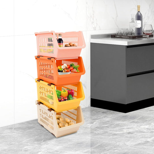 4 Pack Stacking Storage Baskets, Open Front for Pantry Organizers and Storage, Plastic Stackable Storage Bins, Dorm Room Essentials, Pantry Storage for Food, Kitchen and Home Organization (Multi - 2)