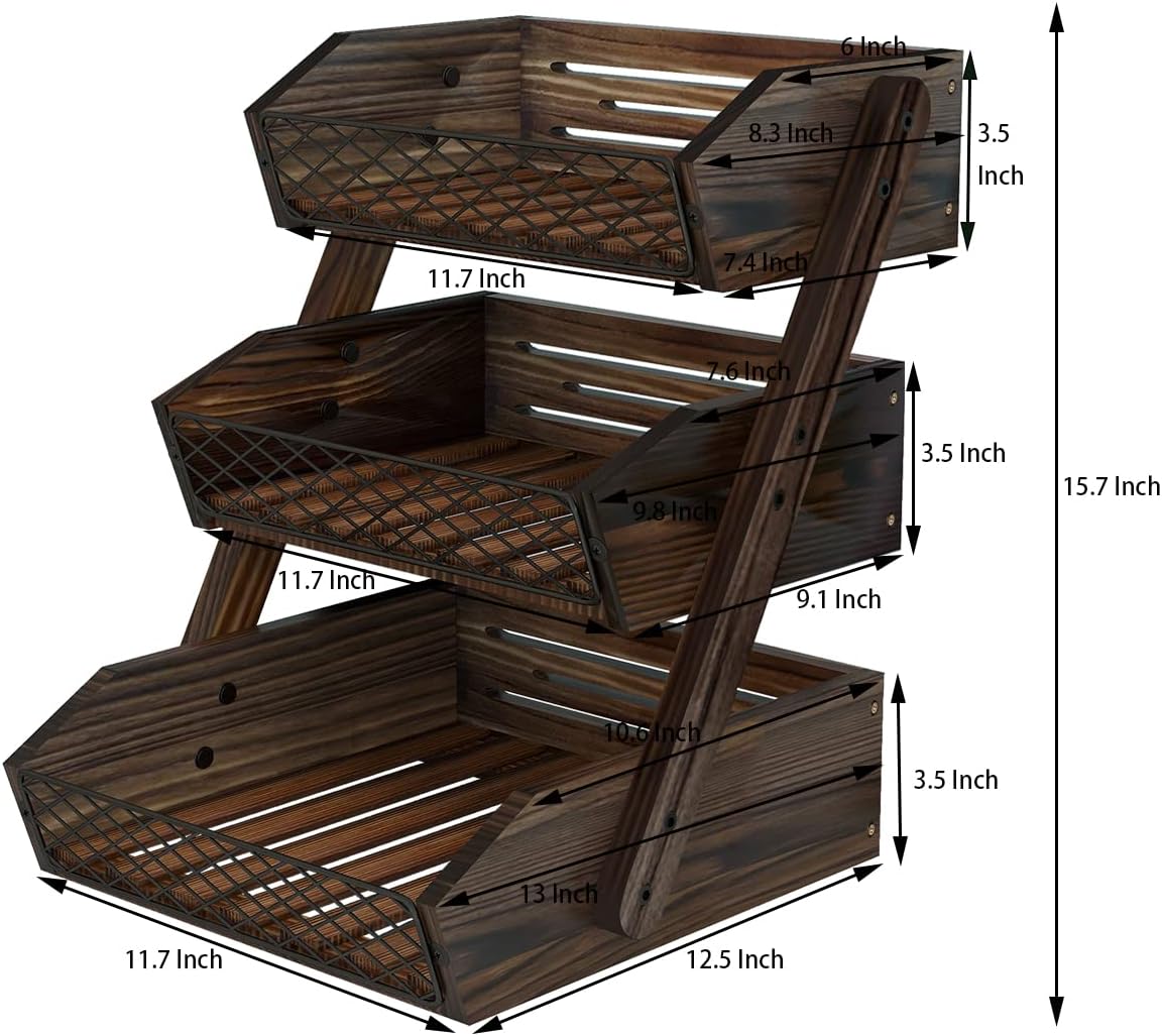Dorhors Fruit Basket for Kitchen,Fruit Bowl,Kitchen Counter Organizer,Wooden Vegetable Holder for Countertop,Bread Storage Basket Stand(3 Tier)