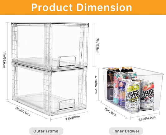 Large Stackable Kitchen Storage Drawers, Clear Foods Organizer Bins with Handles, Easily Assemble for Bathroom, Kitchen, Pantry, Cabinet, Closet(XL-UP Handle)