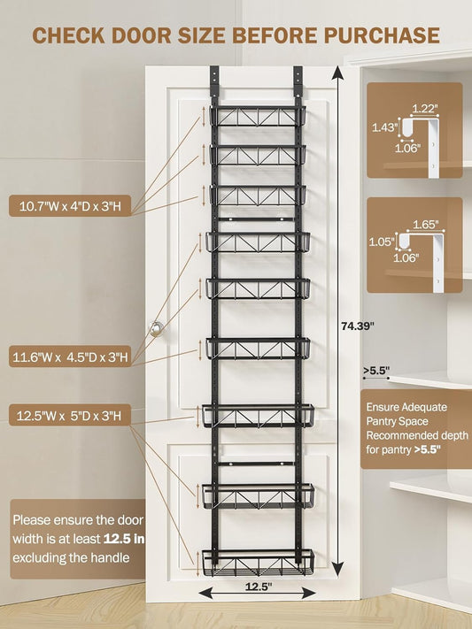 Delamu Narrow 9-Tier Over the Door Pantry Organizer, Adjustable Pantry Storage, Metal Hanging Spice Rack, Cabinet Door Organizer for Kitchen, Bathroom, Laundry Room, 12.5" White