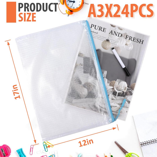 YOPCDJ Mesh Zipper Pouch Bags A4 Zipper Bags for Classroom Organization, Waterproof Document Zipper Pouches for Cosmetics, Travel Storage File Bags for Office Supplie