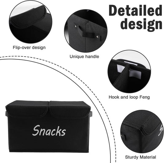 Snack Organizer for Pantry Shelf, Fabric Snack Organizer with Double Lids & Handles, Large 2-Compartment Snack Bin Snack Holder, Snack Basket for Chips Packets, Snack Bar Station Decor -Black
