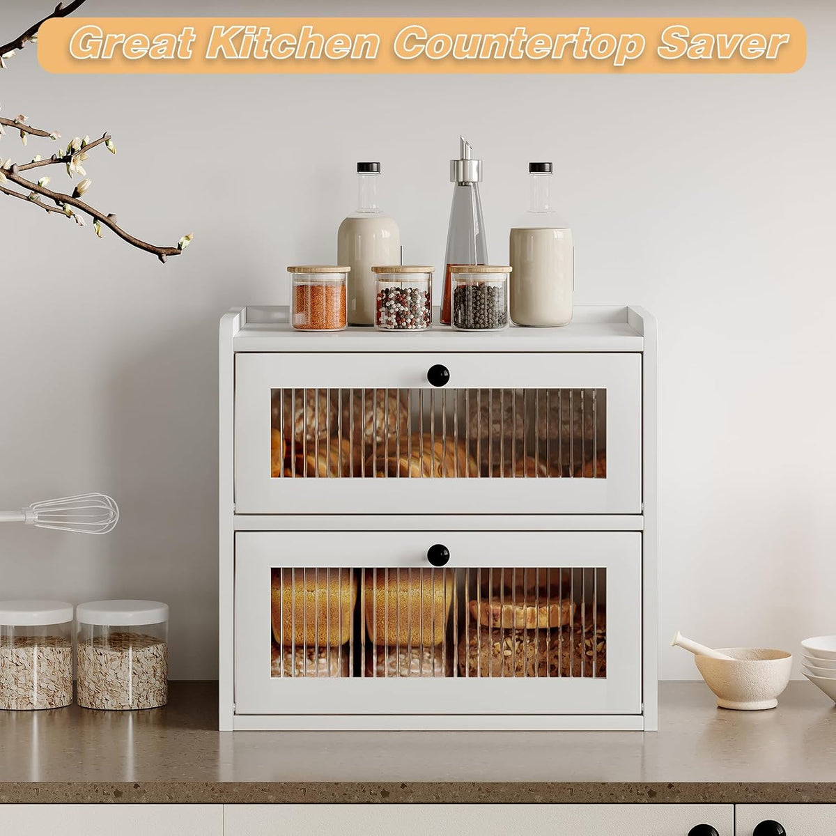 Alpeir Double Layer Large Bread Box for Kitchen Counter, Wooden Corner Bread Storage Container with Acrylic Window, Retro Brown