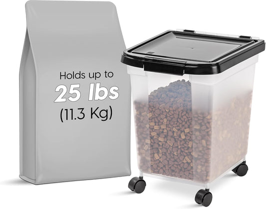 IRIS USA Airtight Dog Food Storage Container, WeatherPro, Up to 50 lbs, Removable Wheels, for Dog Cat Bird and Other Pet Food Storage Bin, Keep Fresh, Translucent Body, Made in USA, Clear/Gray